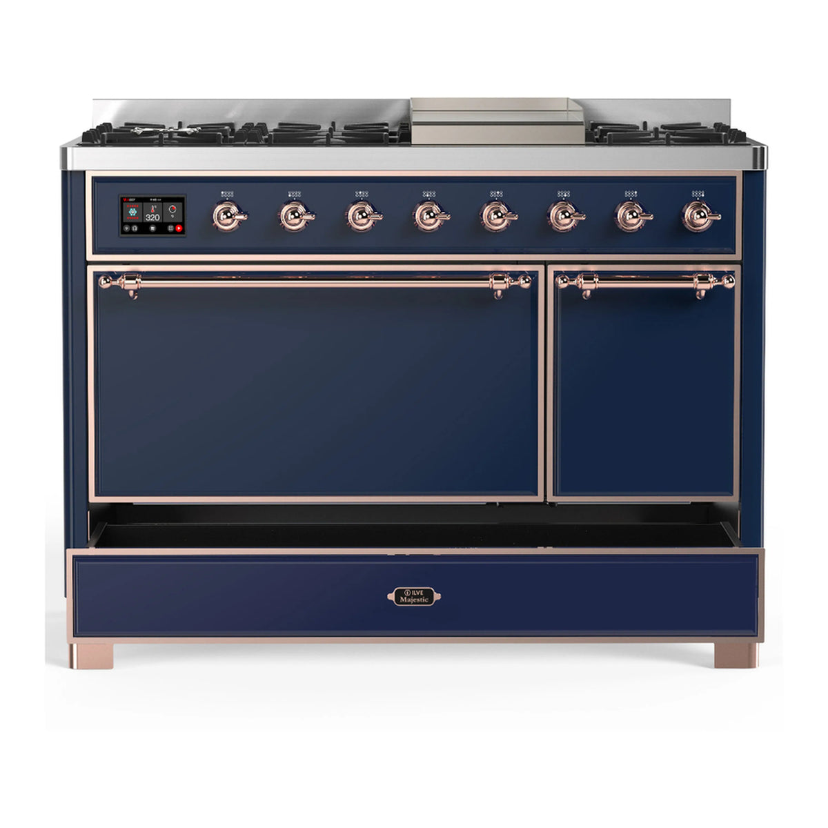 Midnight blue dual fuel range with copper trim, lower drawer and upper double doors