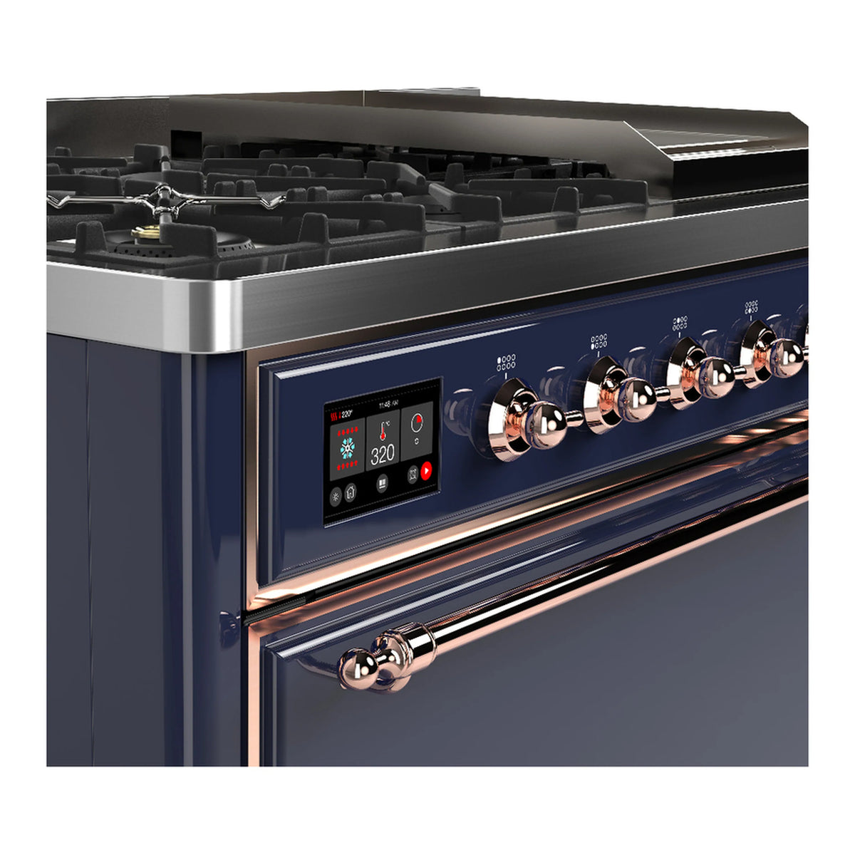 ILVE dual fuel range control panel with blue display and copper knobs over blue oven door