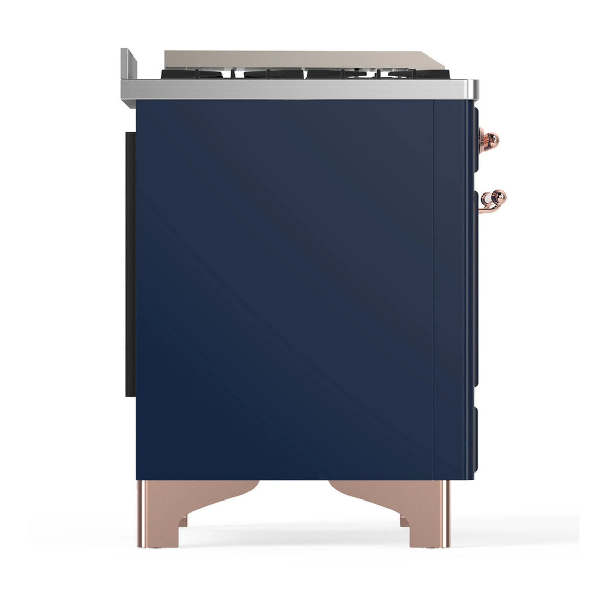 Midnight blue dual fuel range side panel with copper trim and rear connection area