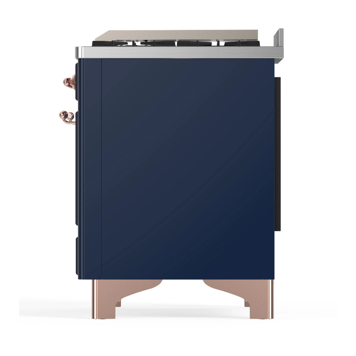 Midnight blue dual fuel range side view with copper trim and cabinet panel