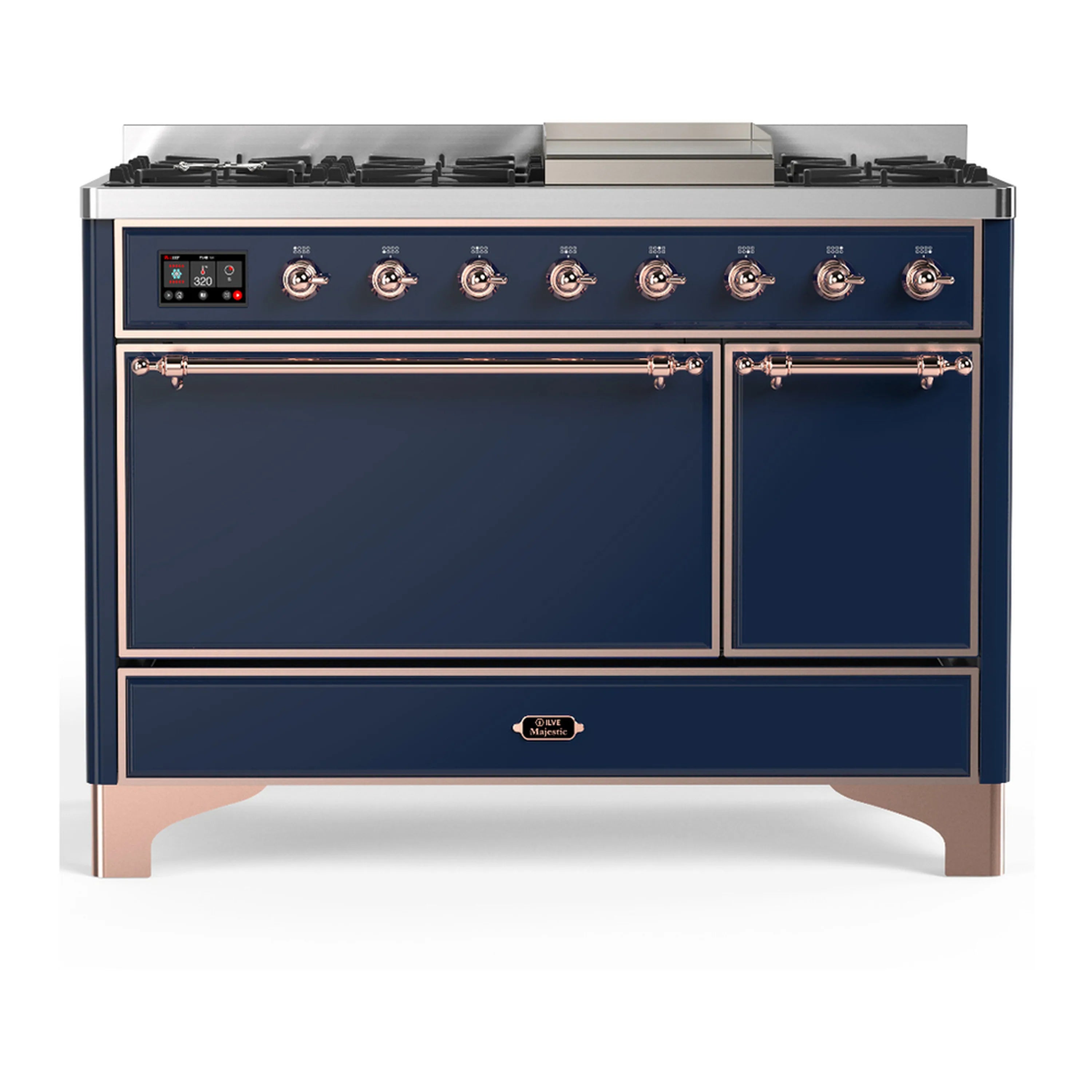 Midnight blue dual fuel range with copper trim, 2 solid doors and control panel