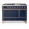ILVE Majestic III 48-inch Dual Fuel Range with 5 Liquid Propane Burner, Griddle and Solid Door Electric Oven in Midnight Blue with Copper Trim (UM48FQNR3MBPLP)