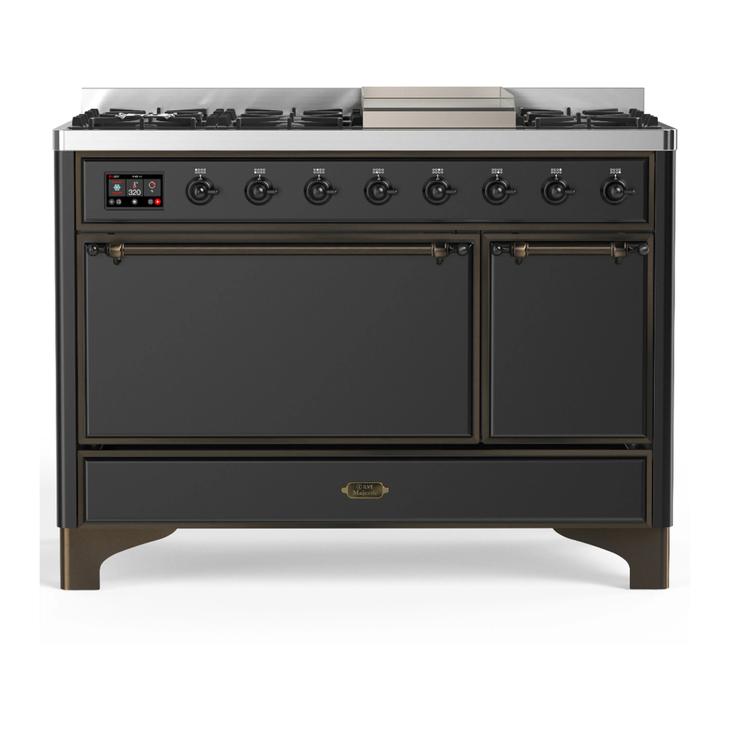 ILVE dual fuel range, graphite matte, double oven doors and cooktop front view