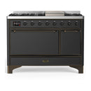 ILVE Majestic III 48-inch Dual Fuel Range with 5 Natural Gas Burner, Griddle and Solid Door Electric Oven in Graphite Matte with Burnished Trim (UM48FQNR3MGB)