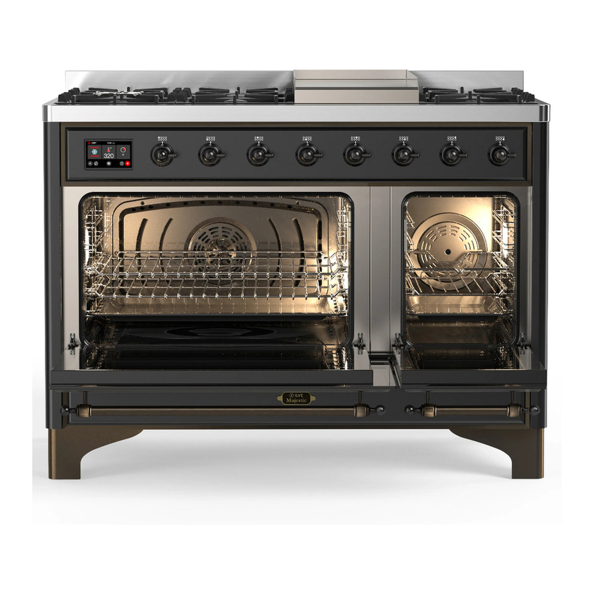 ILVE dual fuel range, graphite matte, five gas burners, griddle, open oven doors