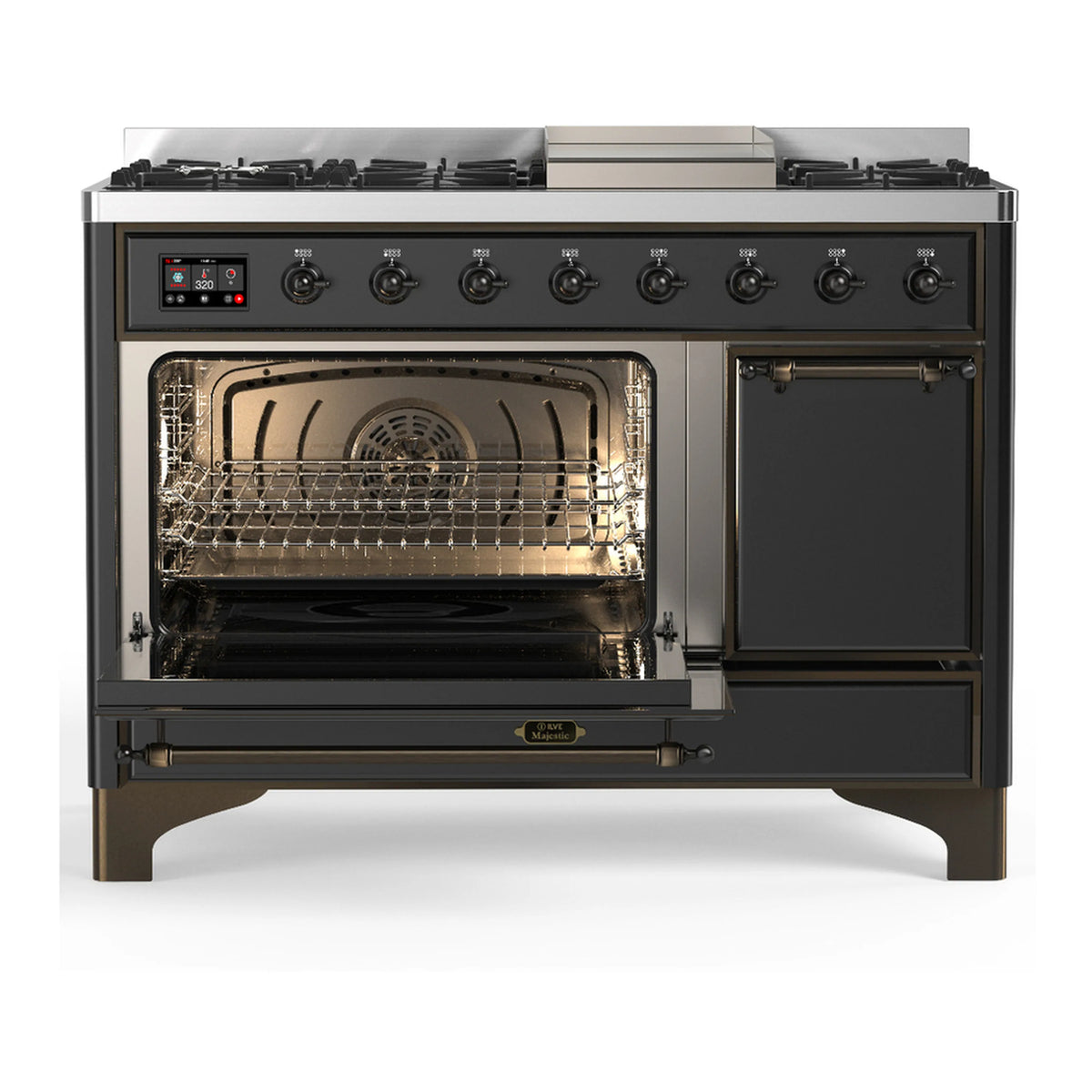 ILVE dual fuel range, graphite matte, five gas burners, griddle, left oven door open