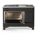 ILVE Majestic III 48-inch Dual Fuel Range with 5 Natural Gas Burner, Griddle and Solid Door Electric Oven in Graphite Matte with Burnished Trim (UM48FQNR3MGB)