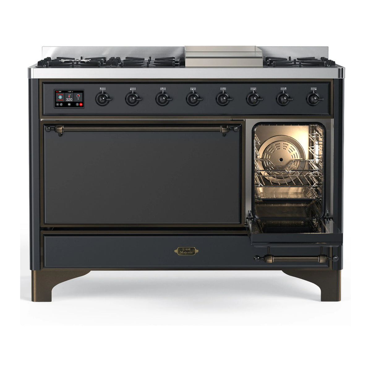 ILVE dual fuel range, graphite matte, right oven door open with glass
