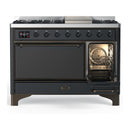ILVE Majestic III 48-inch Dual Fuel Range with 5 Natural Gas Burner, Griddle and Solid Door Electric Oven in Graphite Matte with Burnished Trim (UM48FQNR3MGB)