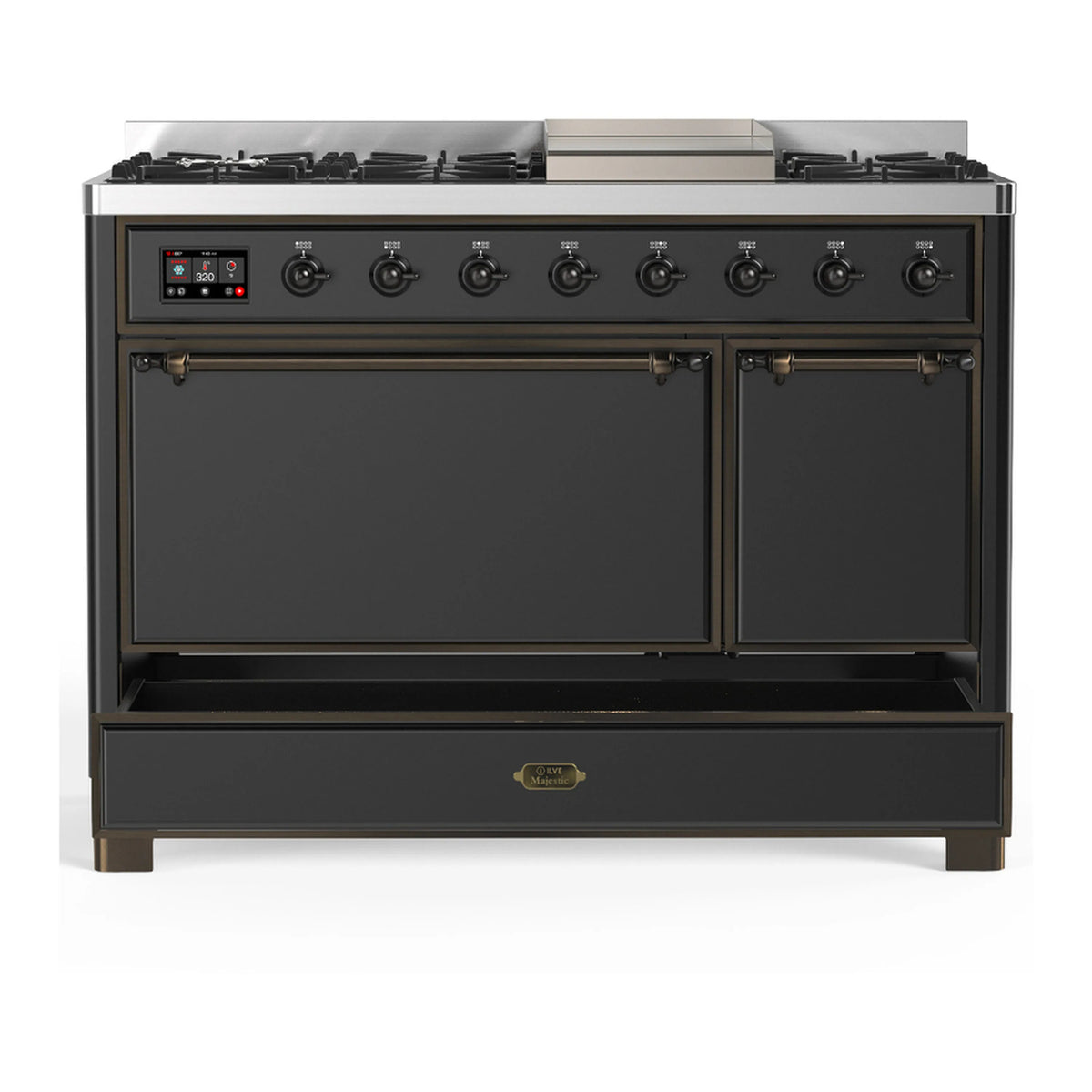 ILVE dual fuel range, graphite matte, two closed oven doors and control knobs