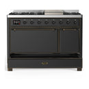 ILVE Majestic III 48-inch Dual Fuel Range with 5 Natural Gas Burner, Griddle and Solid Door Electric Oven in Graphite Matte with Burnished Trim (UM48FQNR3MGB)