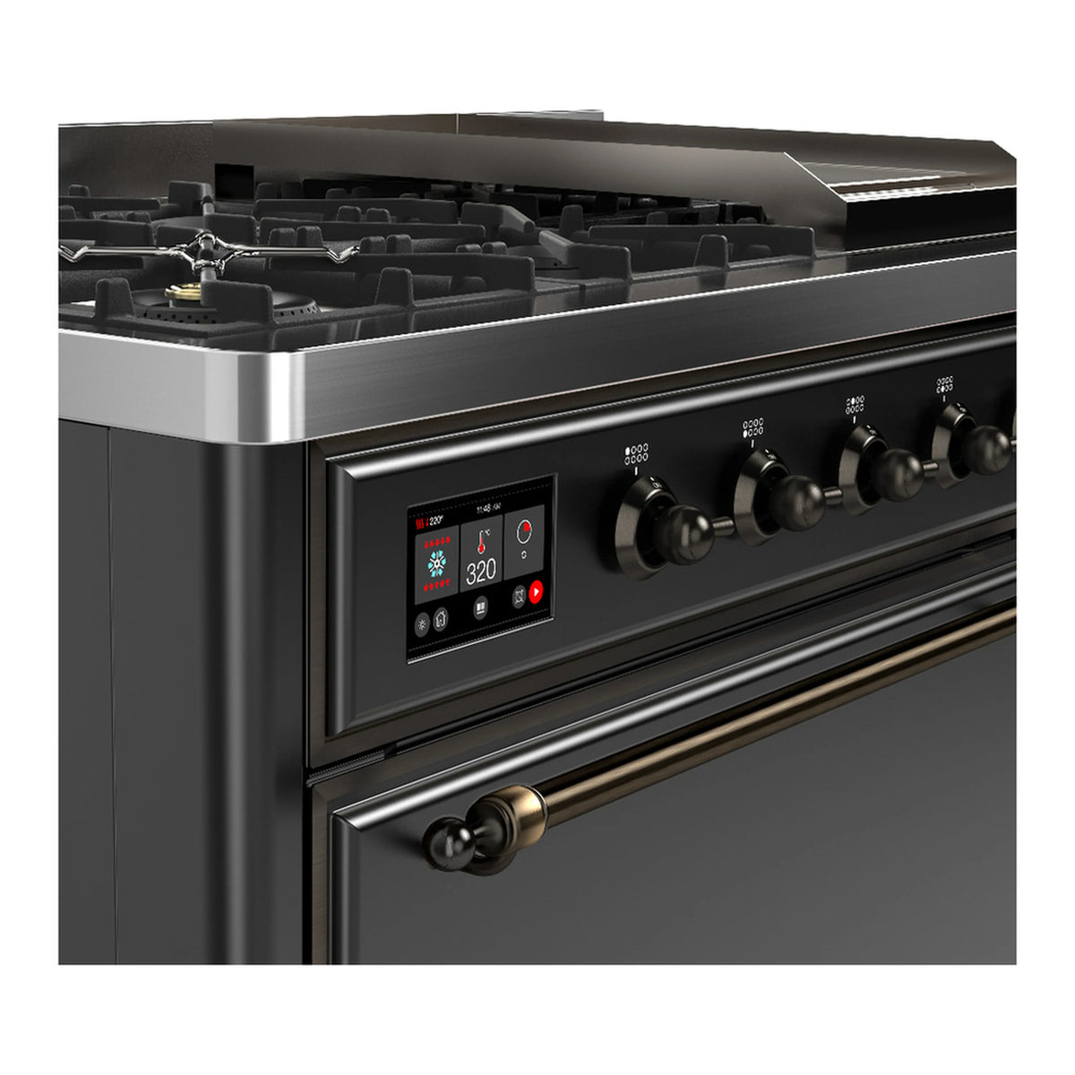 ILVE dual fuel range control panel with digital display and burner knobs