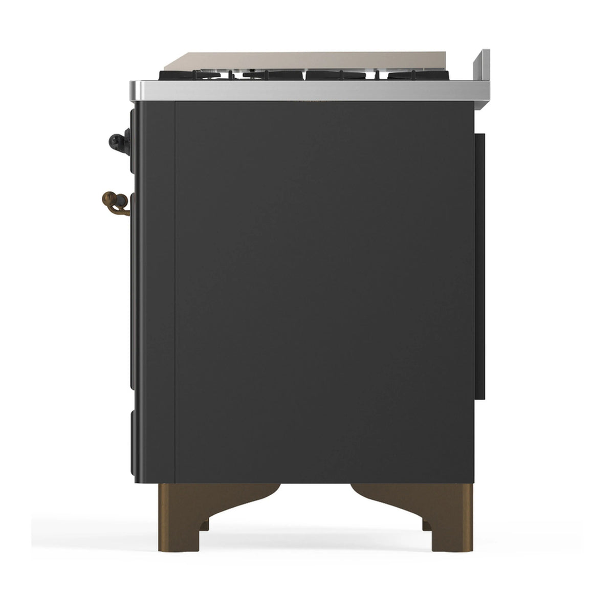 ILVE dual fuel range graphite matte side panel with trim and back controls