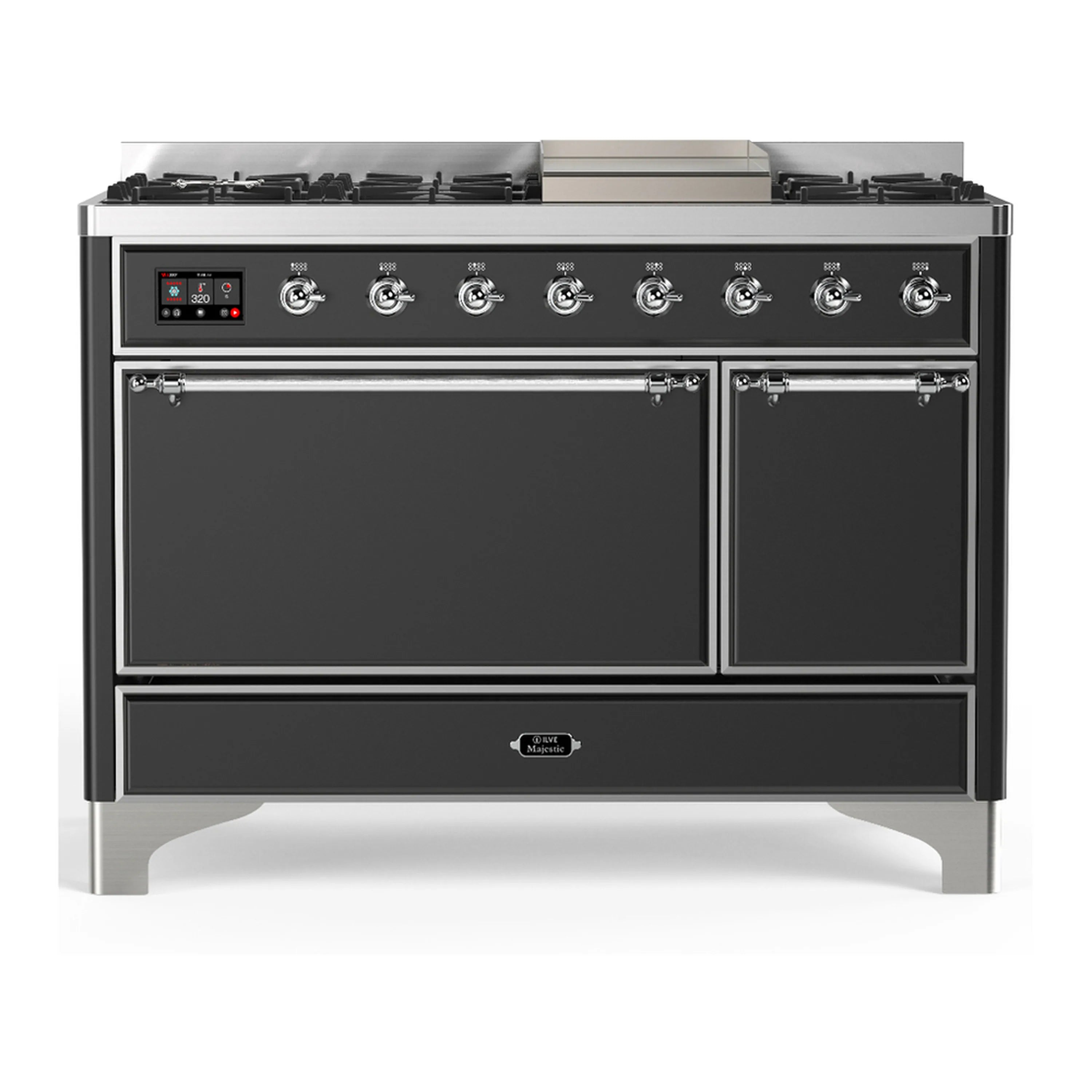 ILVE dual fuel range with two closed oven doors, chrome trim, and control knobs