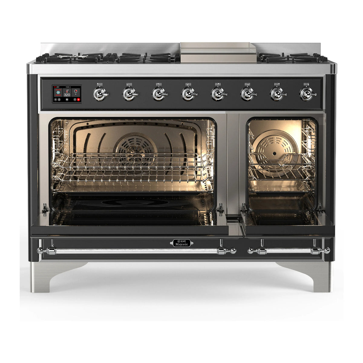 ILVE dual fuel range with open ovens, chrome-trim graphite matte doors and control panel