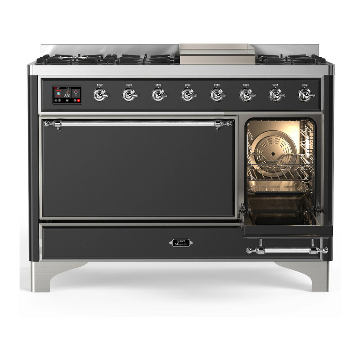 ILVE dual fuel range with right oven open, interior fan visible and lit