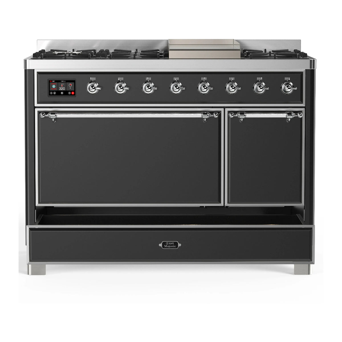 ILVE dual fuel range with burners, two closed oven doors, and drawer front