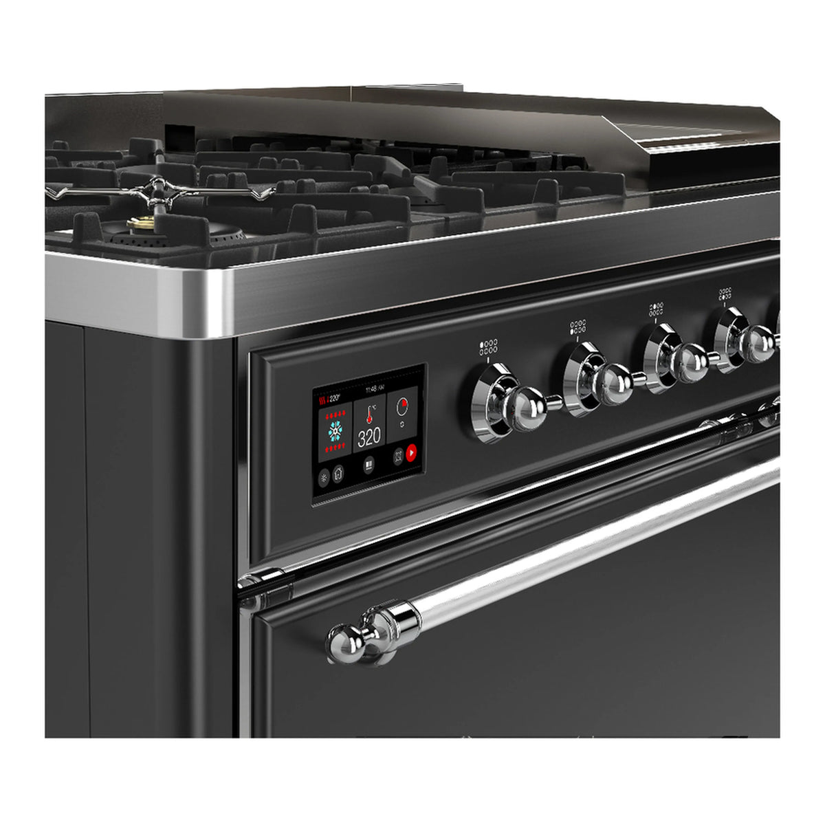 ILVE dual fuel range control panel with display and chrome control knobs on graphite