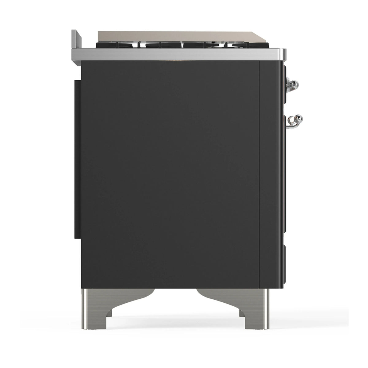 ILVE dual fuel range back panel in graphite matte with chrome side handles
