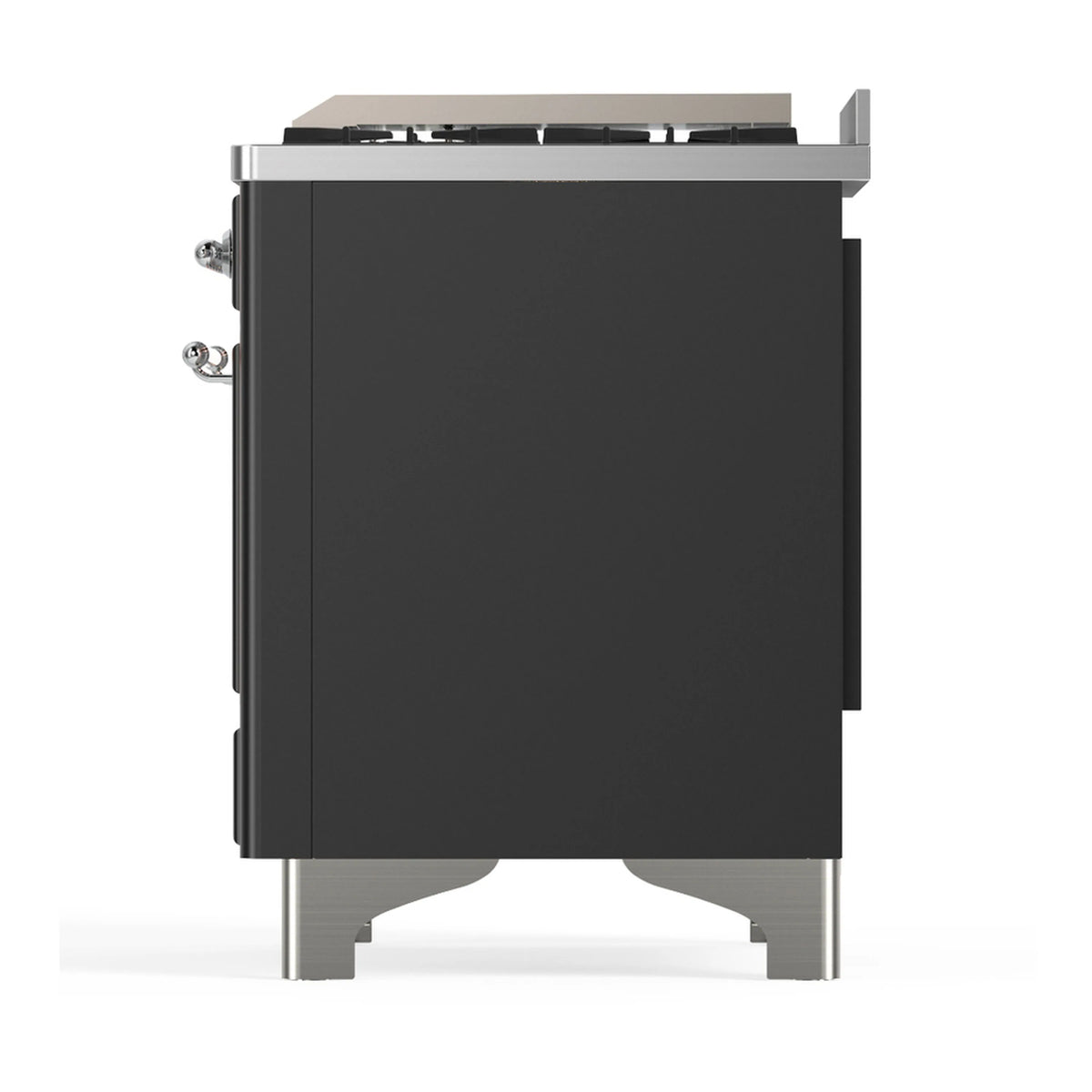 ILVE dual fuel range side profile in graphite matte with chrome trim and handles