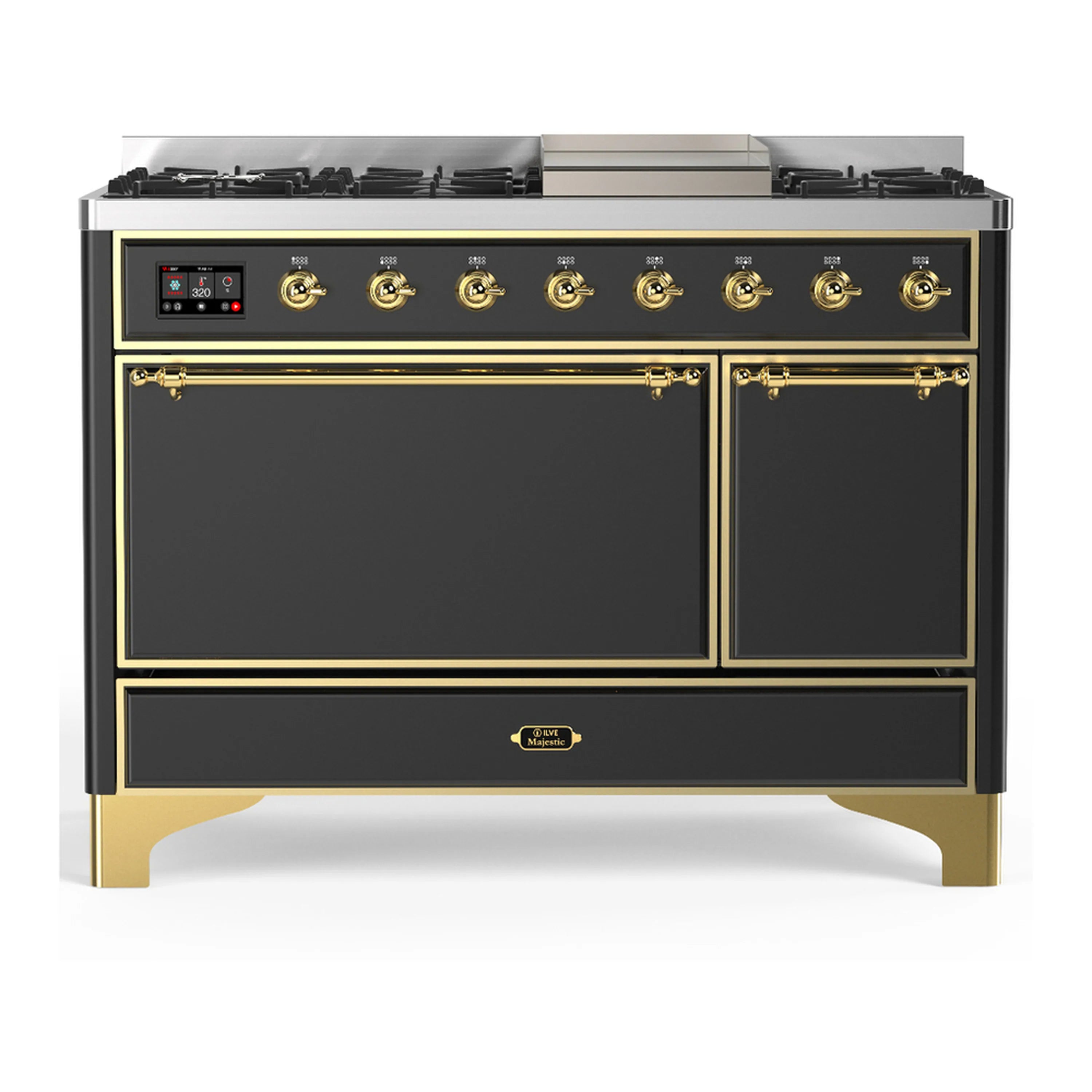 ILVE dual fuel range with graphite matte doors and brass trim, five gas burners