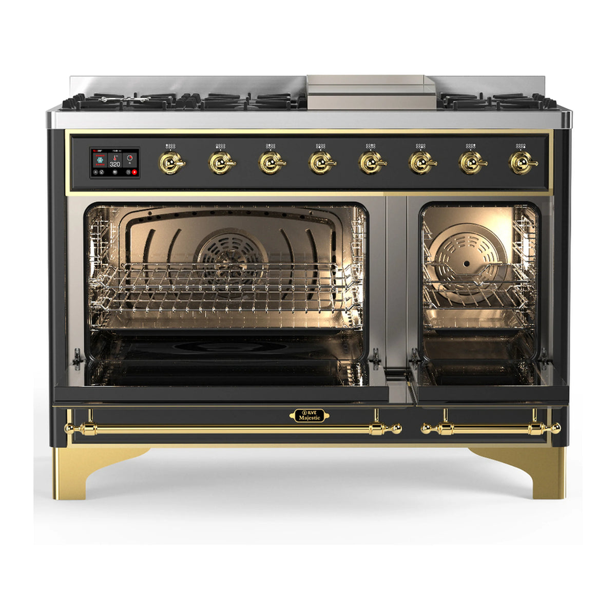 ILVE dual fuel range with open electric oven and racks, graphite matte with brass trim