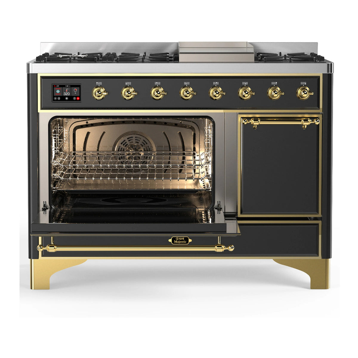 ILVE dual fuel range showing open oven interior with racks, graphite matte and brass trim