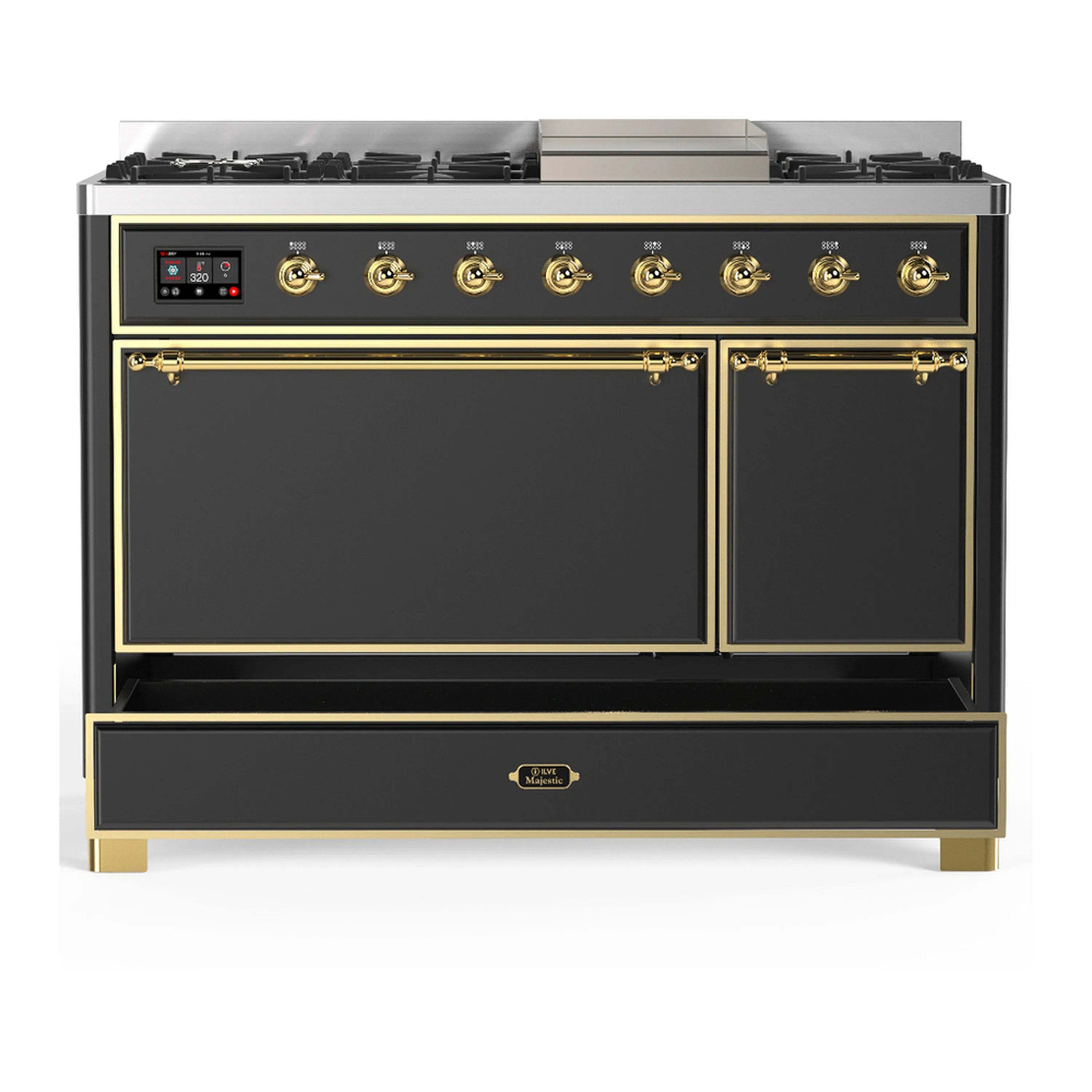 ILVE dual fuel range front view with two oven doors, graphite matte and brass trim