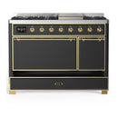 ILVE Majestic III 48-inch Dual Fuel Range with 5 Natural Gas Burner, Griddle and Solid Door Electric Oven in Graphite Matte with Brass Trim (UM48FQNR3MGG)