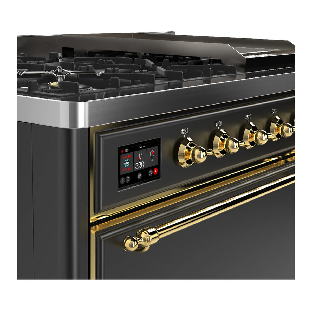 ILVE dual fuel range control panel with knobs and digital display, graphite matte and brass