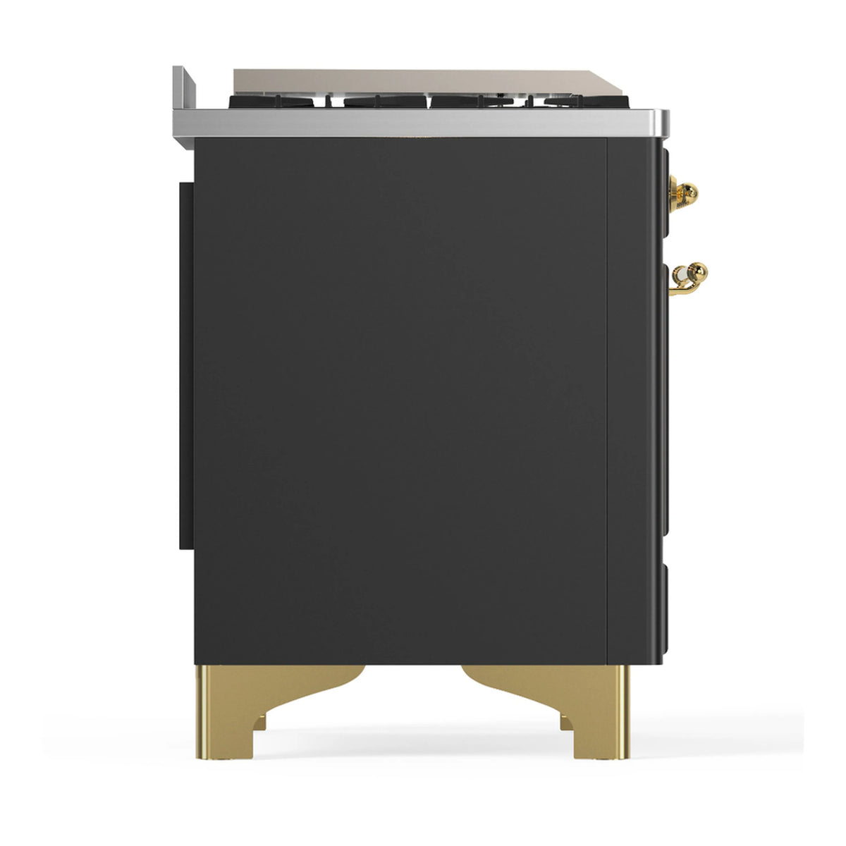 ILVE dual fuel range side panel in graphite matte with brass legs and trim