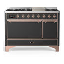ILVE Majestic III 48-inch Dual Fuel Range with 5 Liquid Propane Burner, Griddle and Solid Door Electric Oven in Graphite Matte with Copper Trim (UM48FQNR3MGPLP)