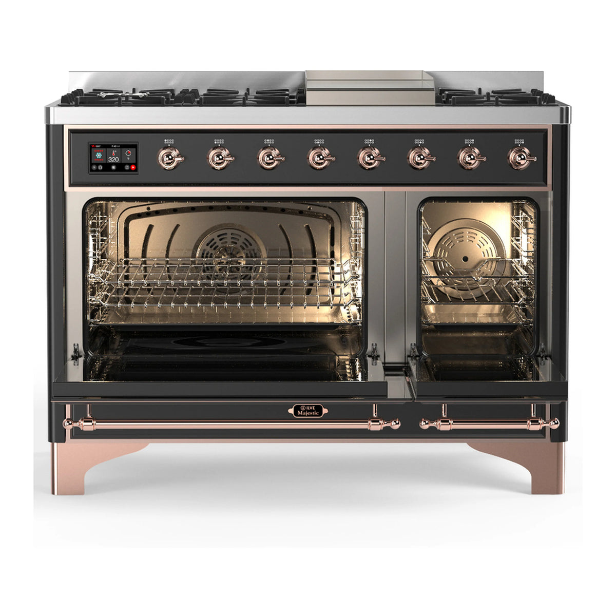 Dual fuel range with open ovens and five natural gas burners, graphite with copper trim