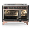 ILVE Majestic III 48-inch Dual Fuel Range with 5 Liquid Propane Burner, Griddle and Solid Door Electric Oven in Graphite Matte with Copper Trim (UM48FQNR3MGPLP)