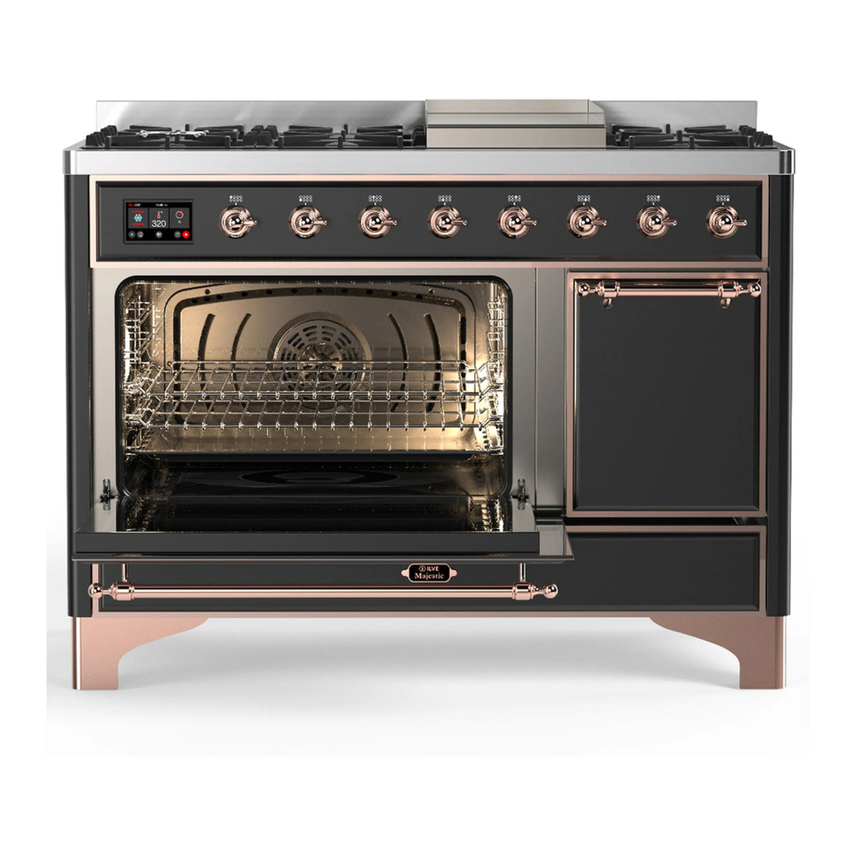Dual fuel range with one oven door open and five burners, graphite matte with copper trim