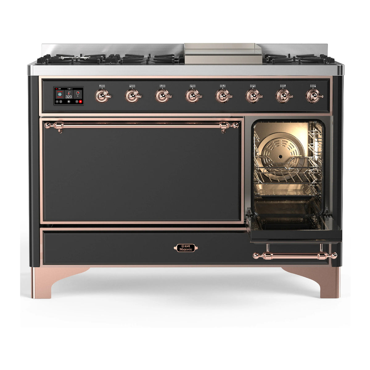 Dual fuel range with closed left oven door and open right oven cavity, graphite