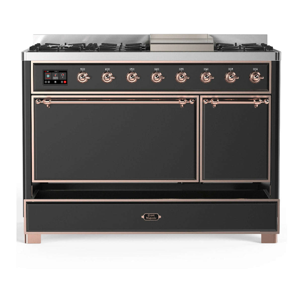 Dual fuel range with two closed oven doors and copper-trimmed control panel, graphite matte