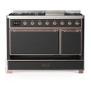 ILVE Majestic III 48-inch Dual Fuel Range with 5 Liquid Propane Burner, Griddle and Solid Door Electric Oven in Graphite Matte with Copper Trim (UM48FQNR3MGPLP)