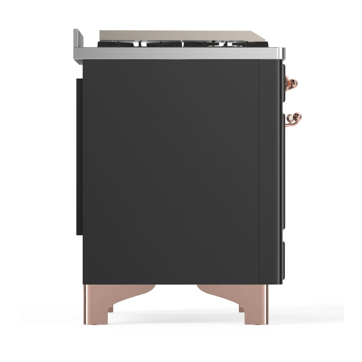 Dual fuel range side view with solid panel and copper corner trim, graphite matte