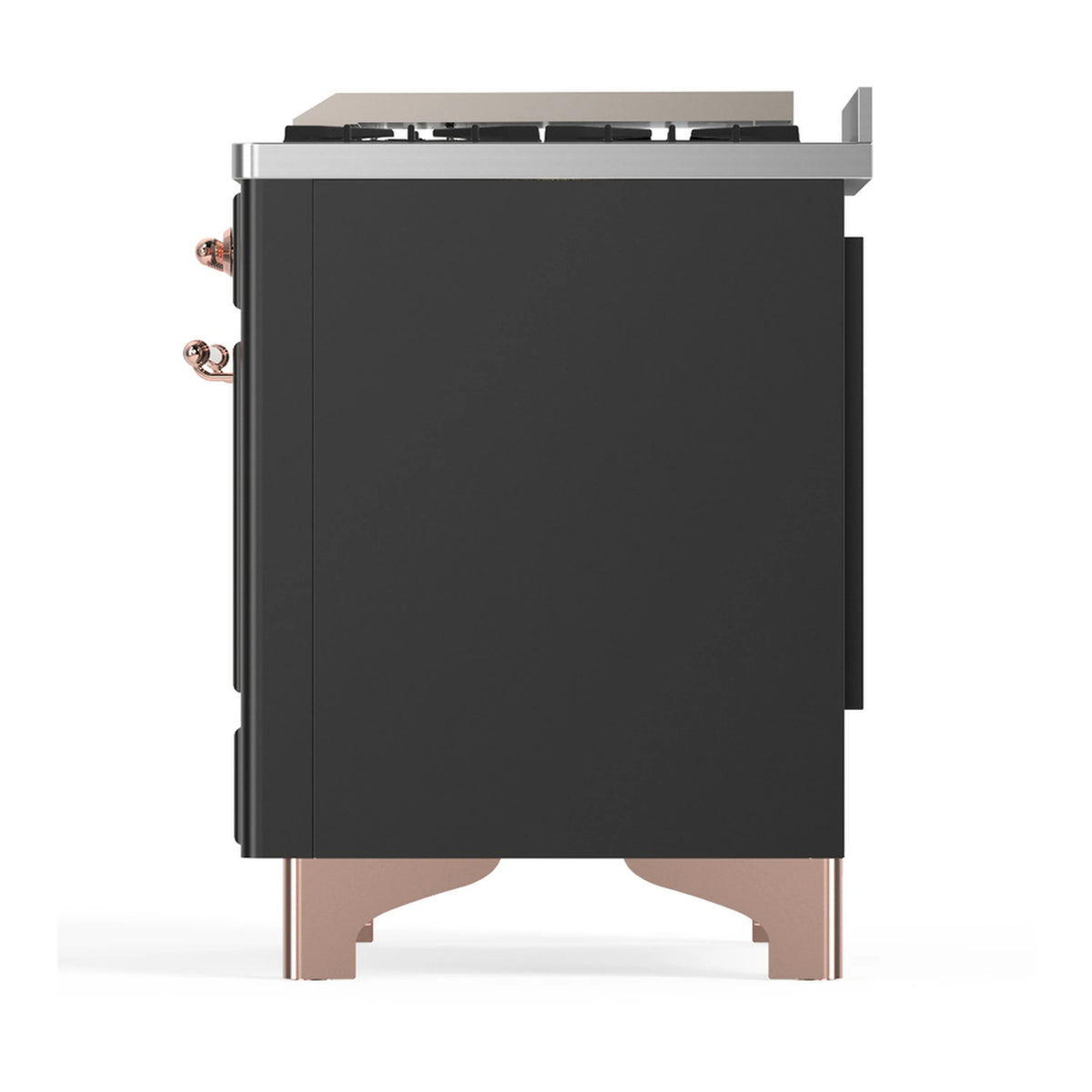 Dual fuel range rear view with solid panel and copper trim legs, graphite matte