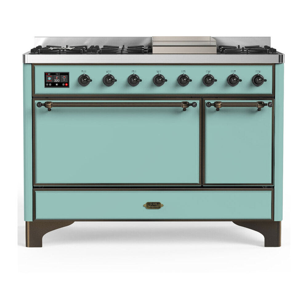 ILVE Majestic III 48-inch Dual Fuel Range with 5 Liquid Propane Burner, Griddle and Solid Door Electric Oven in Mediterranean Mint with Burnished Trim (UM48FQNR3MMBLP)