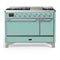 ILVE Majestic III 48-inch Dual Fuel Range with 5 Natural Gas Burner, Griddle and Solid Door Electric Oven in Mediterranean Mint with Chrome Trim (UM48FQNR3MMC)