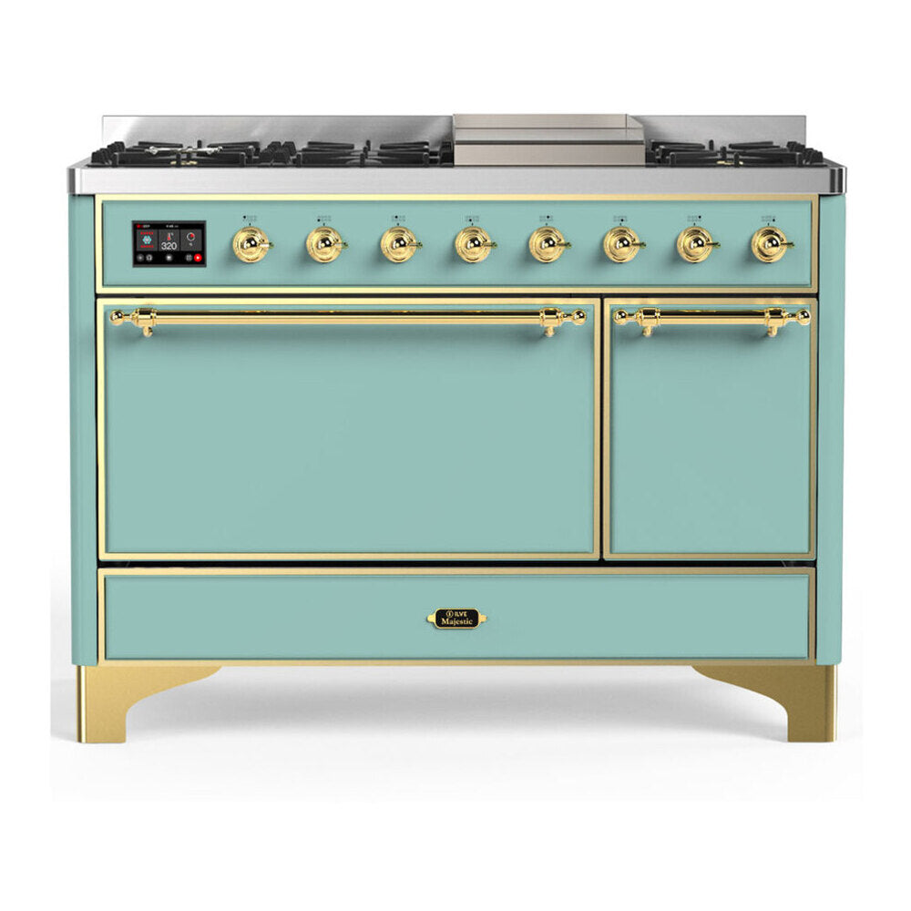 ILVE Majestic III 48-inch Dual Fuel Range with 5 Natural Gas Burner, Griddle and Solid Door Electric Oven in Mediterranean Mint with Brass Trim (UM48FQNR3MMG)