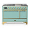 ILVE Majestic III 48-inch Dual Fuel Range with 5 Natural Gas Burner, Griddle and Solid Door Electric Oven in Mediterranean Mint with Brass Trim (UM48FQNR3MMG)