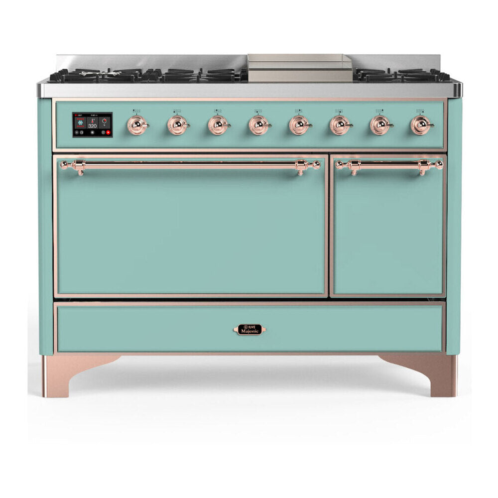 ILVE Majestic III 48-inch Dual Fuel Range with 5 Natural Gas Burner, Griddle and Solid Door Electric Oven in Mediterranean Mint with Copper Trim (UM48FQNR3MMP)