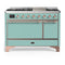ILVE Majestic III 48-inch Dual Fuel Range with 5 Natural Gas Burner, Griddle and Solid Door Electric Oven in Mediterranean Mint with Copper Trim (UM48FQNR3MMP)