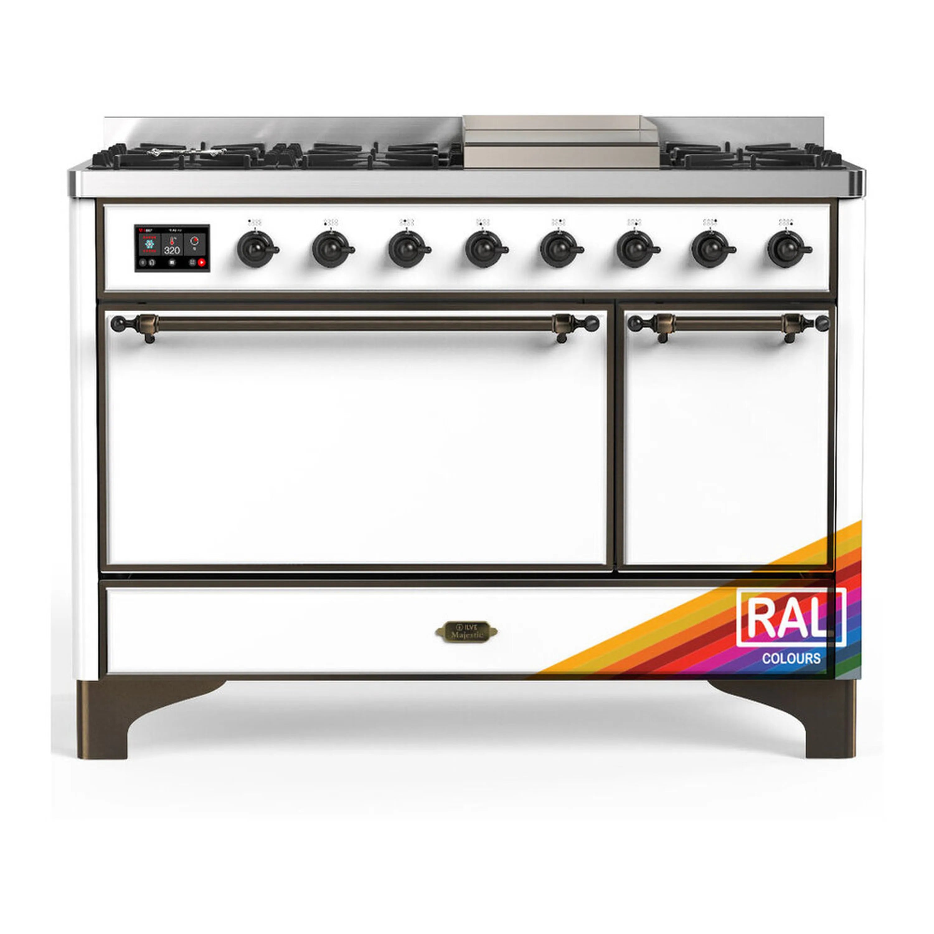 ILVE dual fuel range with white finish, black knobs, and natural gas burners