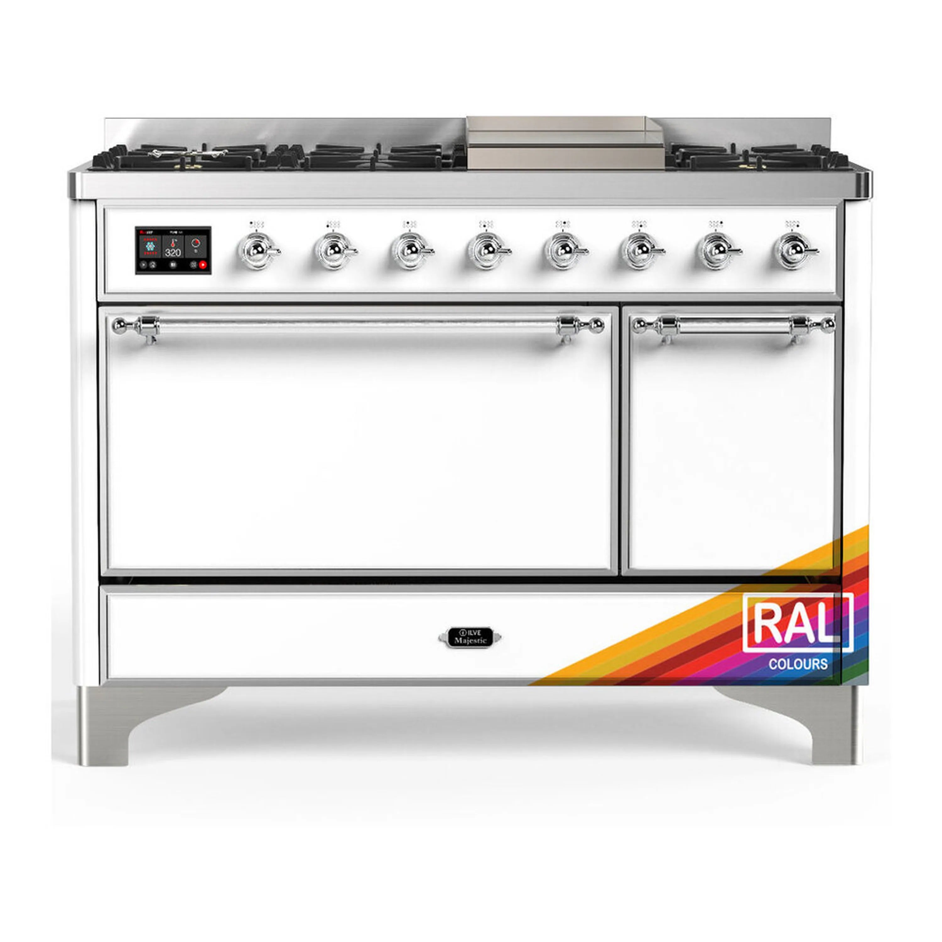 Stainless dual fuel range with chrome control knobs, front panel, and two oven doors