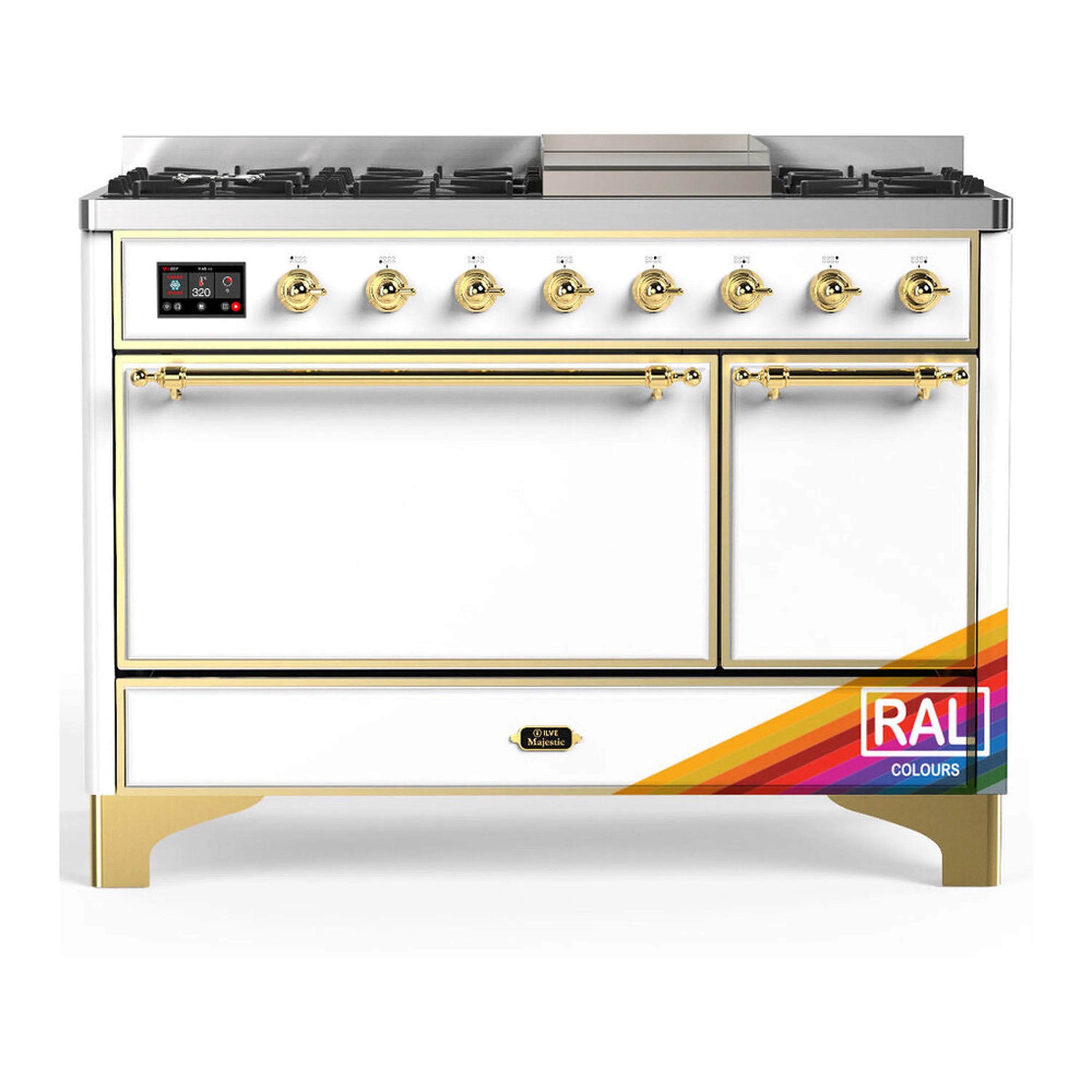 Dual fuel range front with six gas burners, brass trim, and double solid oven doors
