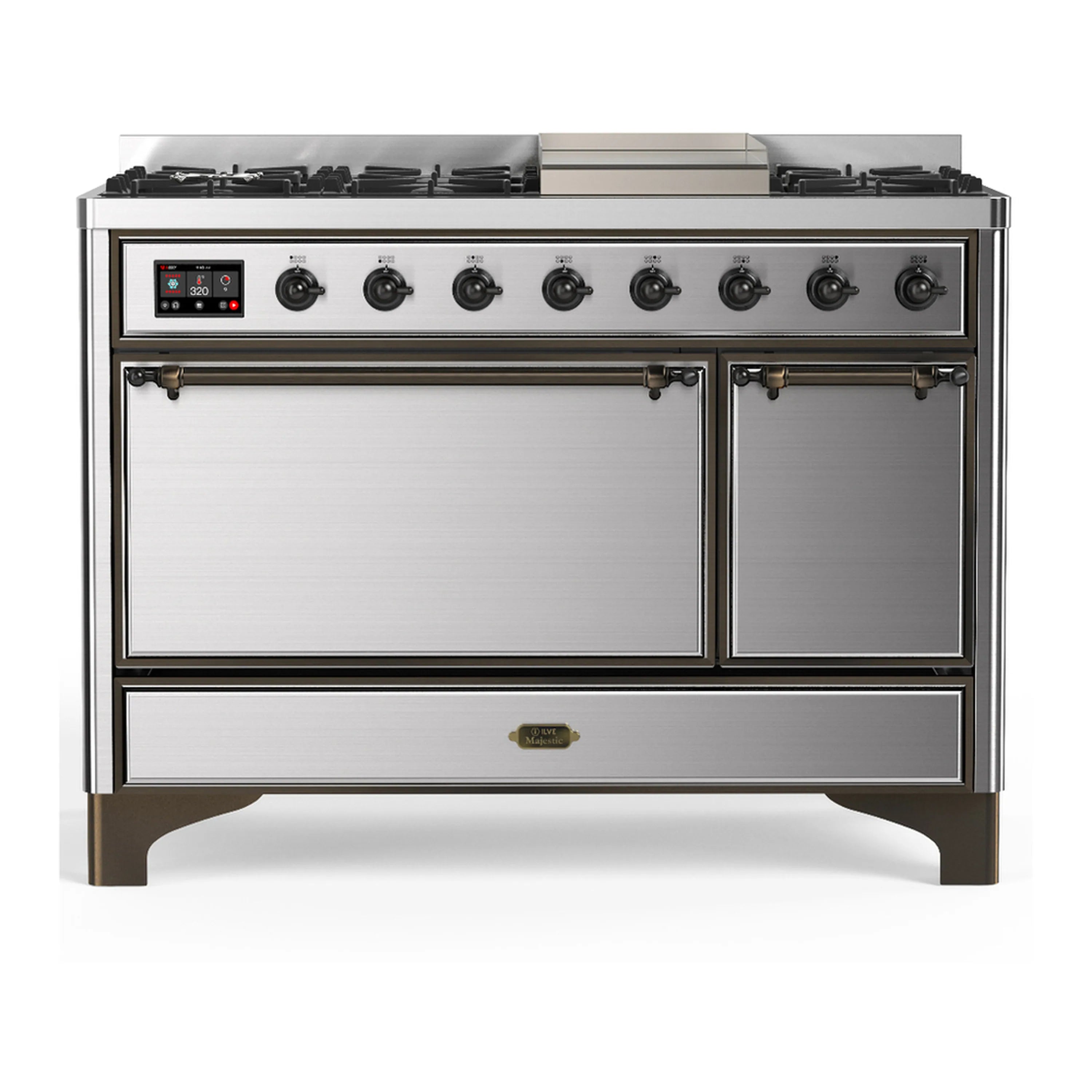 Stainless dual fuel range front view with closed oven doors and gas burners